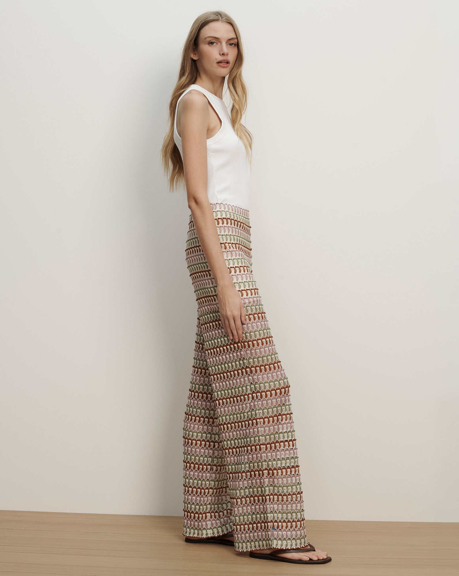 Veronica Beard Fatima Crochet Wide-Leg Pant - Deep Ochre/Dove White Multi