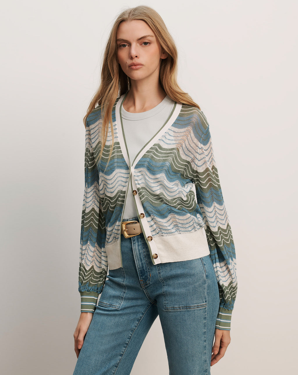 Veronica Beard Laurinor Linen-Blend Cardigan - Dove White Sage Blue River