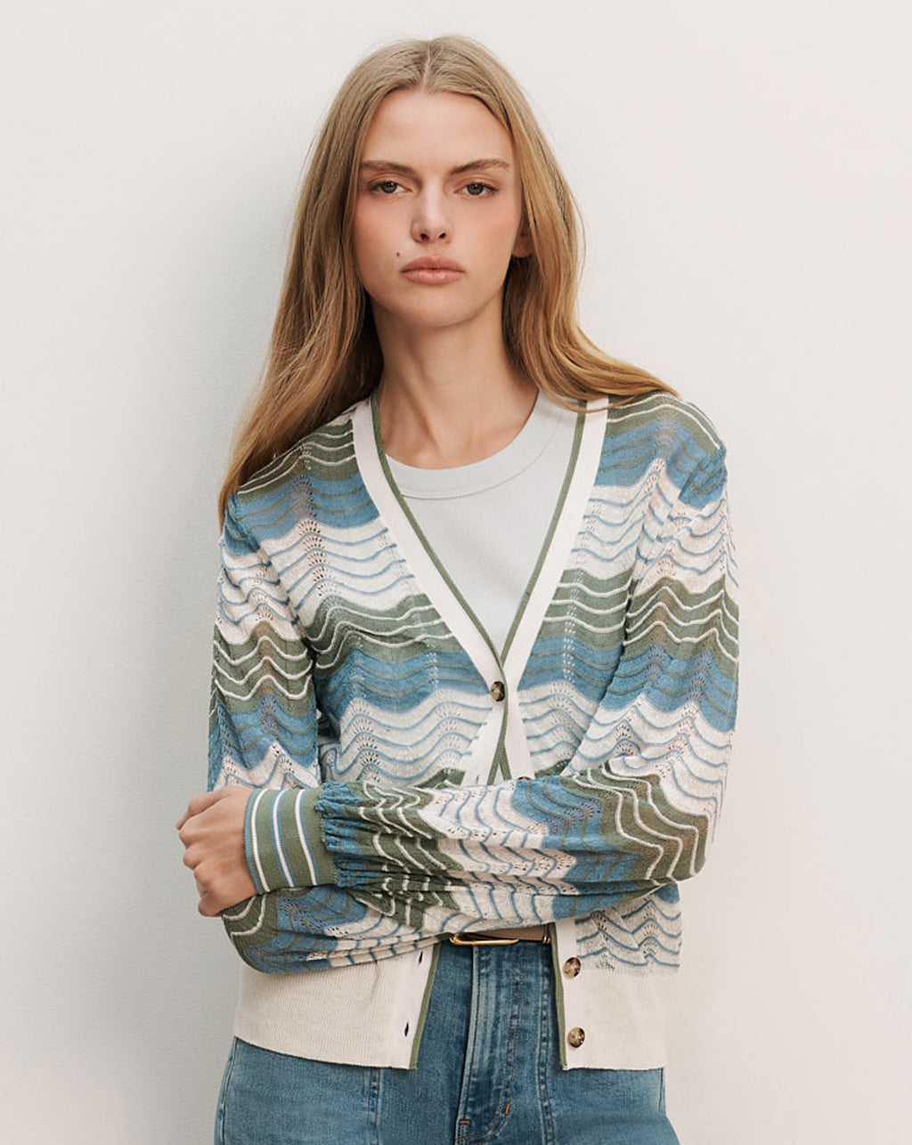 Veronica Beard Blue and white wave-patterned knit cardigan.