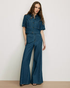 Veronica Beard Blue denim short-sleeve button-up top with pockets.