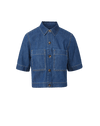 Veronica Beard Blue denim short-sleeve button-up top with pockets.