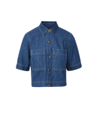 Veronica Beard Blue denim short-sleeve button-up top with pockets.