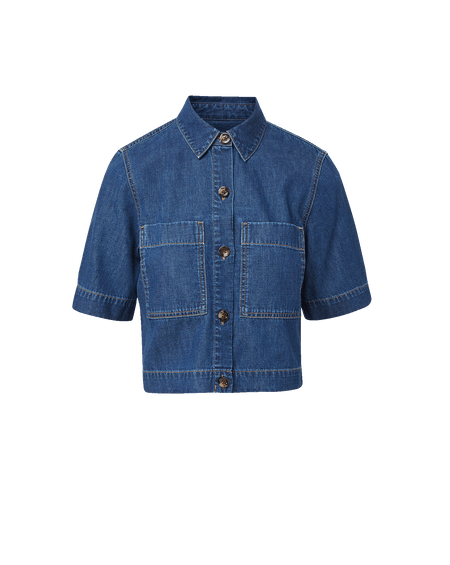 Veronica Beard Blue denim short-sleeve button-up top with pockets.