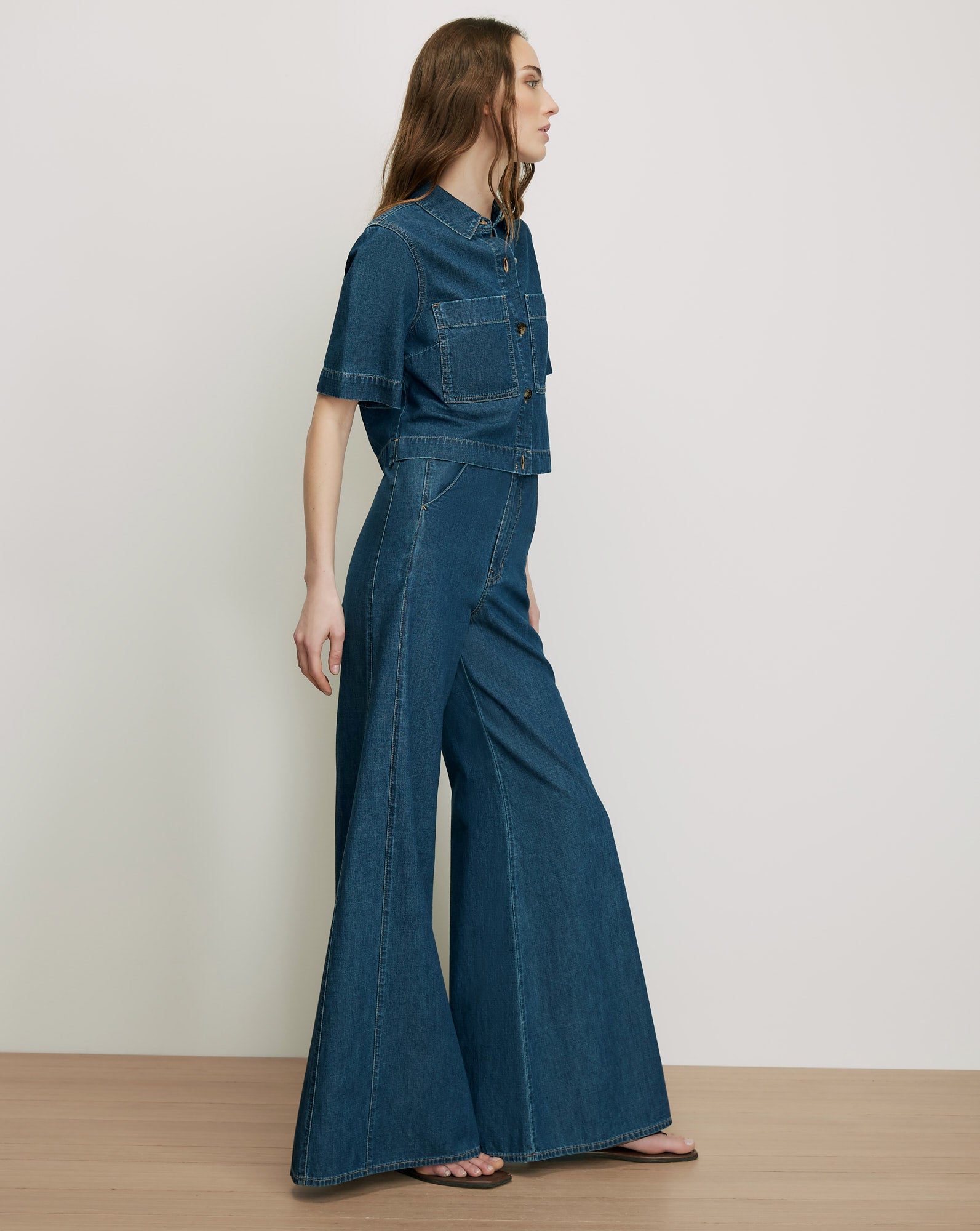 Digby Wide-Leg Chambray Pant in Dark Blue Starry Night | Veronica