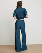 Veronica Beard Blue denim wide-leg pants with elastic waist.