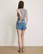 Veronica Beard Blue denim high-waisted shorts with light wash details.