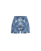 Veronica Beard Blue denim patchwork high-waisted shorts