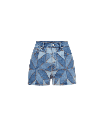 Veronica Beard Blue denim patchwork high-waisted shorts