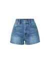 Veronica Beard Blue denim shorts with embroidered green crocodile and orange stitching.