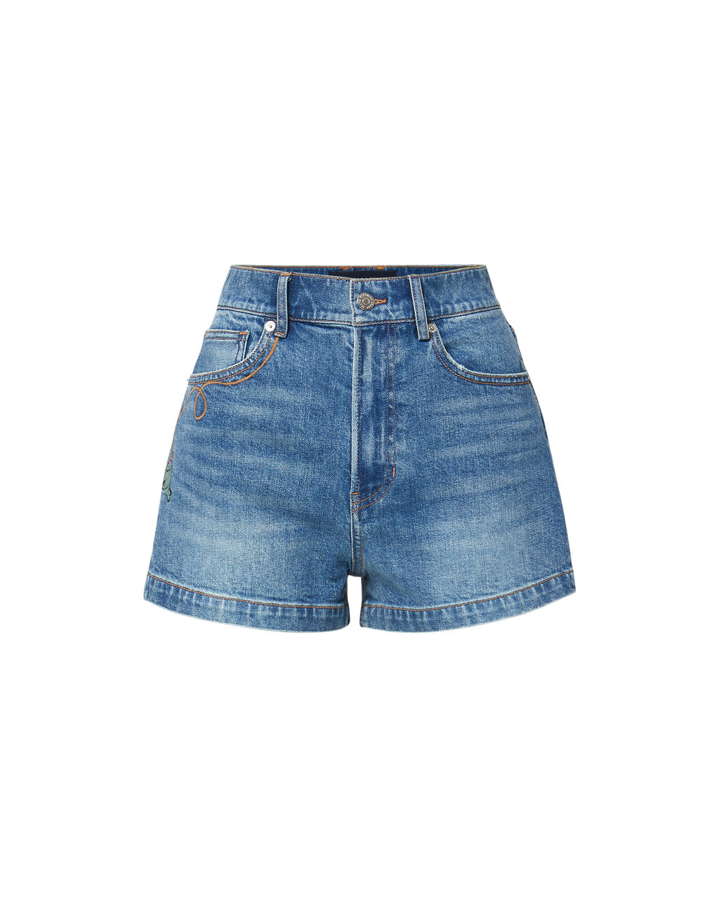 Veronica Beard Blue denim shorts with embroidered green crocodile and orange stitching.