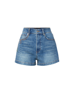 Veronica Beard Blue denim shorts with embroidered green crocodile and orange stitching.