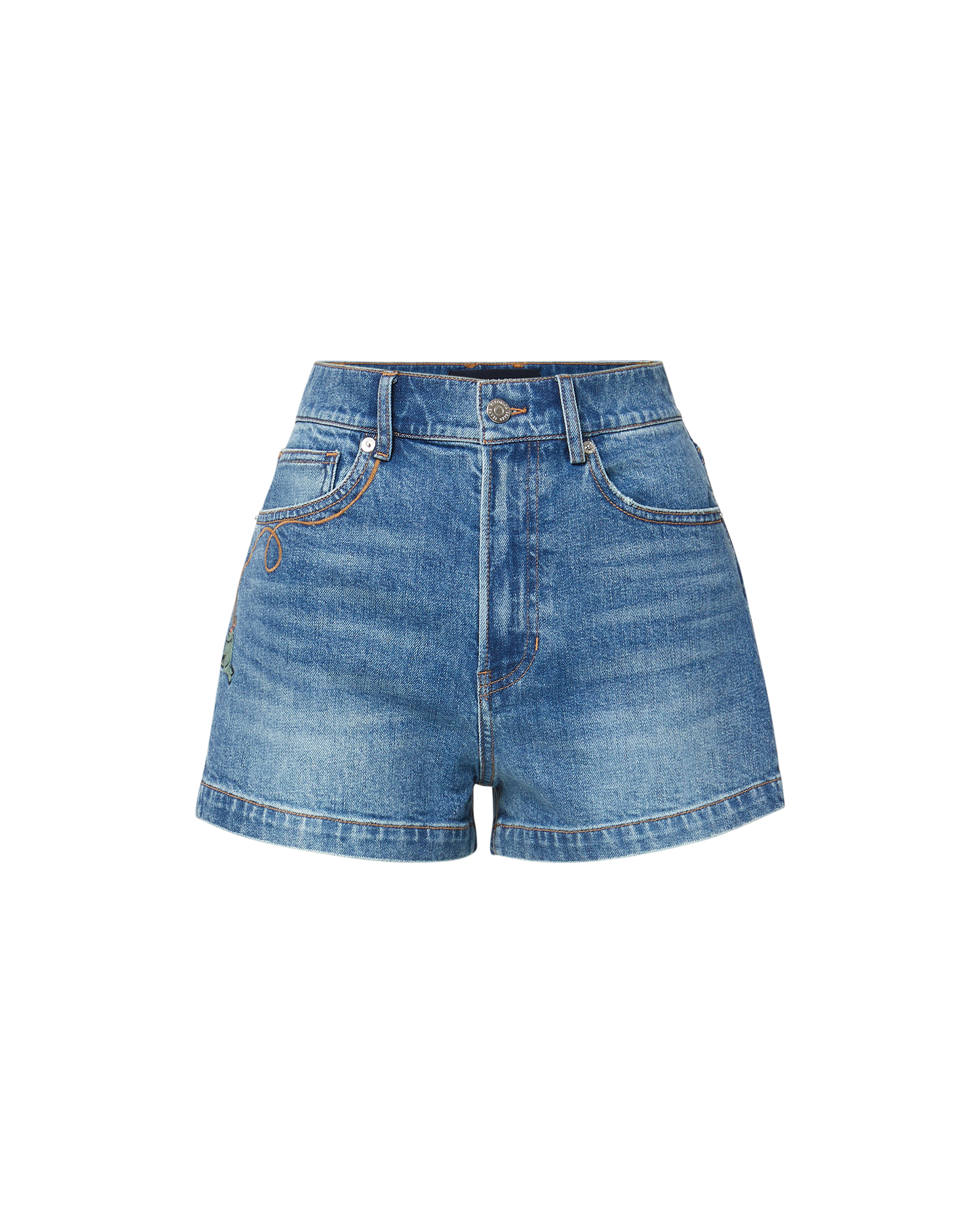 Veronica Beard Blue denim shorts with embroidered green crocodile and orange stitching.