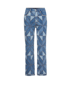 Veronica Beard Blue patchwork denim jeans with geometric pattern.