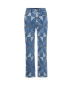Veronica Beard Blue patchwork denim jeans with geometric pattern.