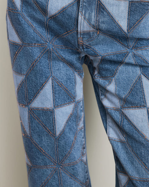 Veronica Beard Blue patchwork denim jeans with geometric star patterns.