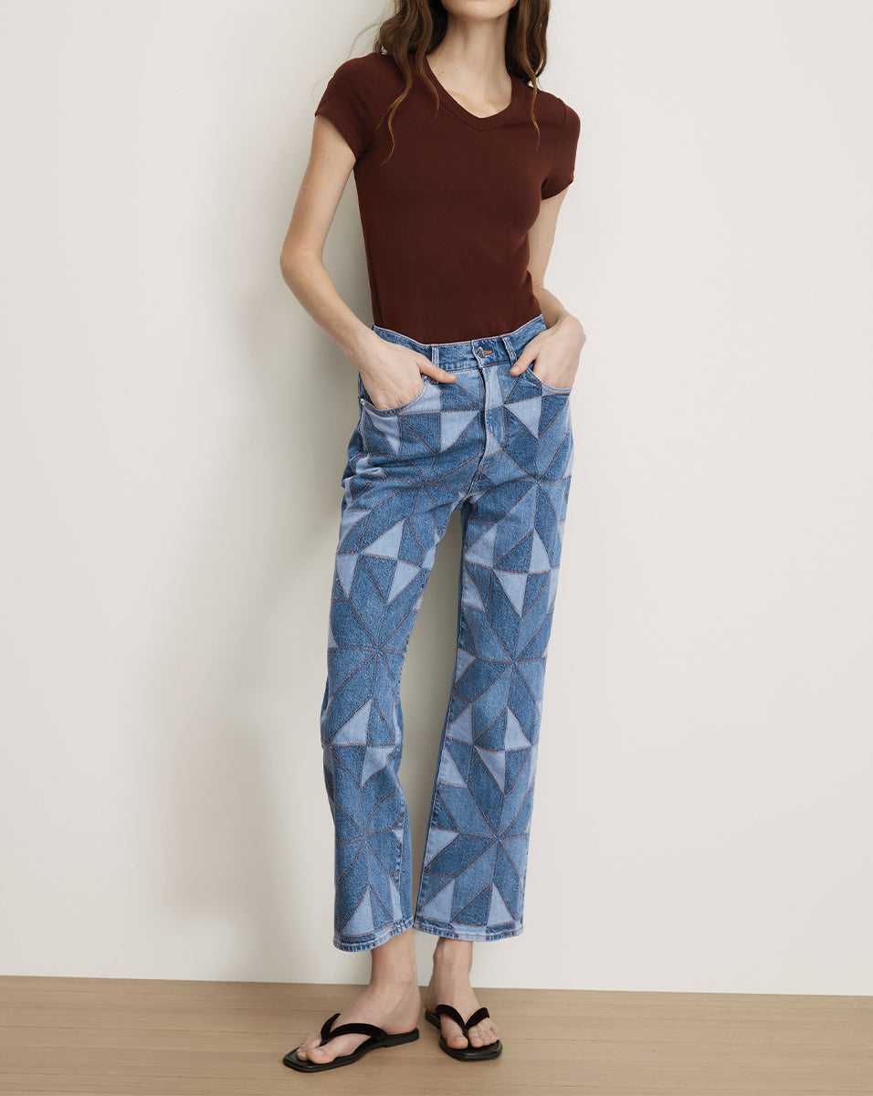 Dylan Quilt-Print Straight-Leg Jean in Prism Blue | Veronica Beard