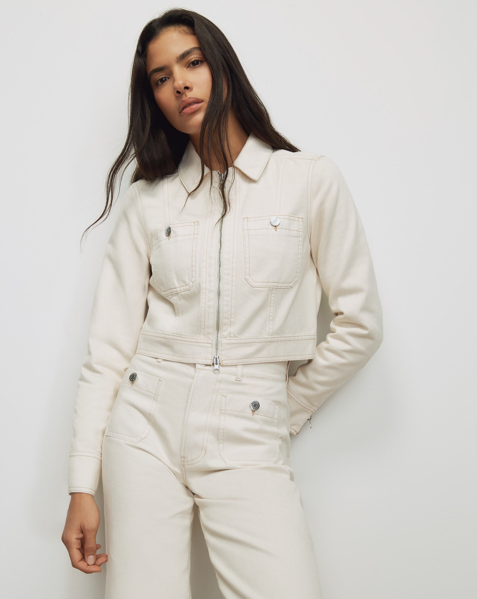 Patty Cropped Moto Jacket in Ecru | Veronica Beard