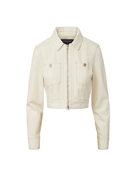 Veronica Beard Ecru denim jacket with zipper and pockets.