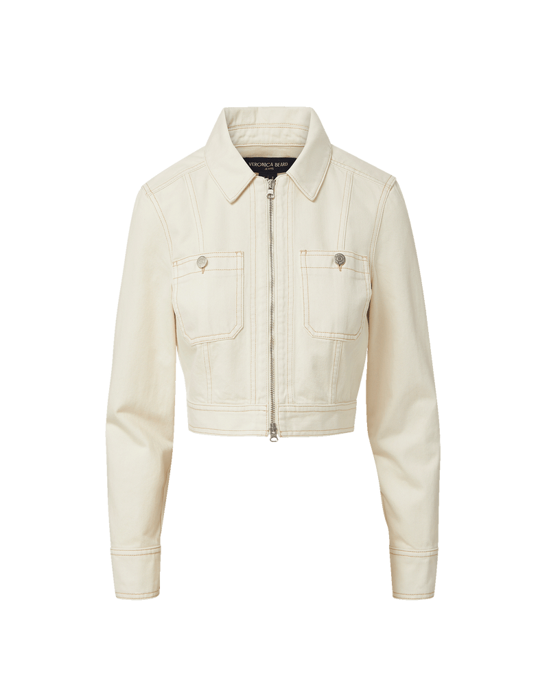 Veronica Beard Ecru denim cropped jacket with contrast stitching.