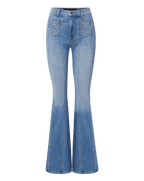 Veronica Beard Blue denim flare jeans with front seams.