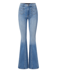 Veronica Beard Blue denim flare jeans with front seams.