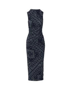 Veronica Beard Navy blue paisley ruched midi dress