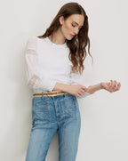 Veronica Beard White cotton t-shirt with lace inserts on sleeves.