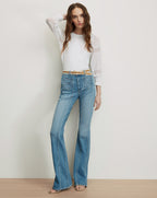 Veronica Beard White long-sleeve lace-trim t-shirt.