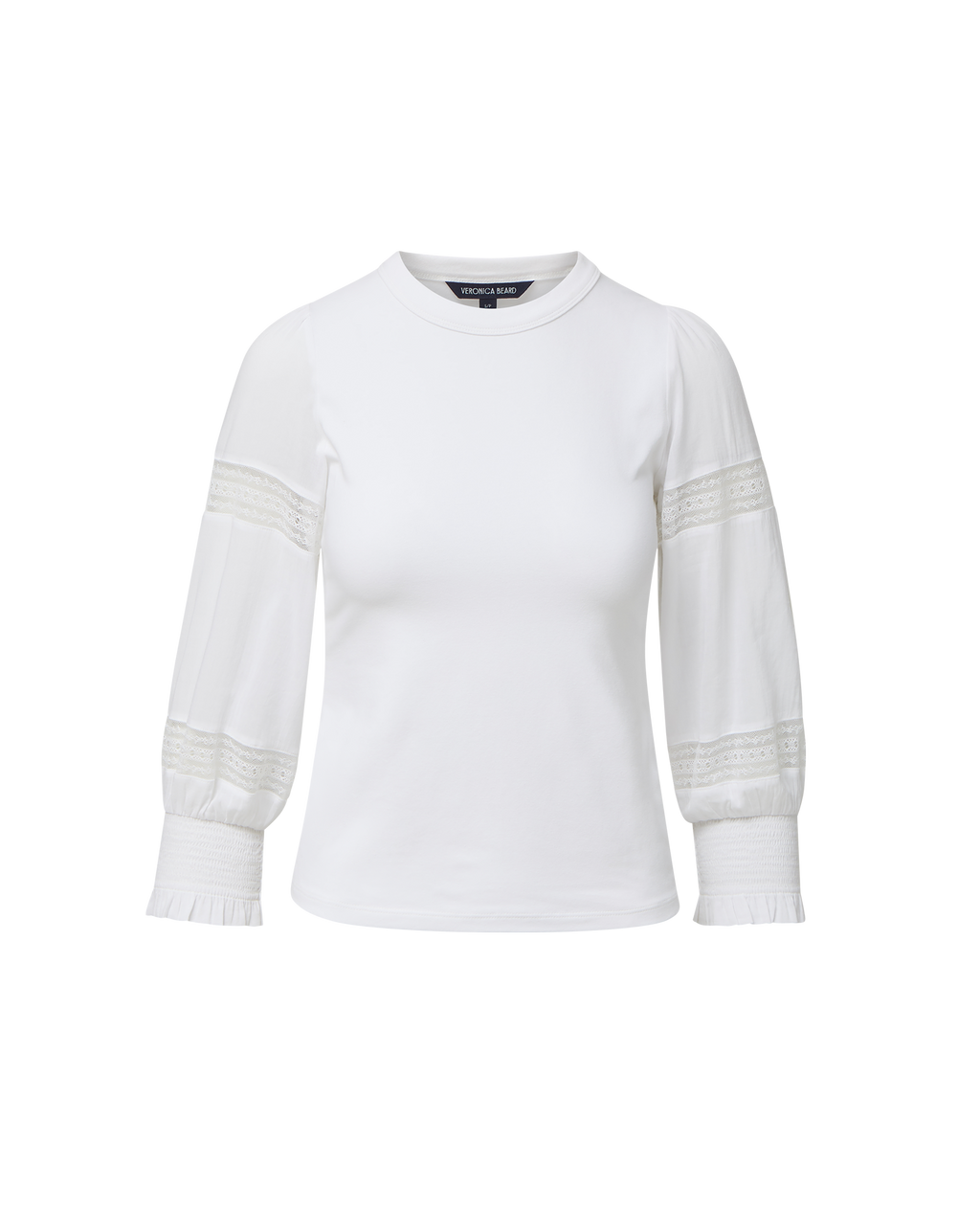 Veronica Beard White long-sleeve top with lace inserts and shirred cuffs.