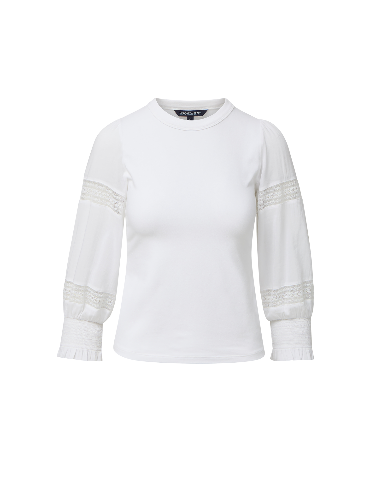 Veronica Beard White long-sleeve top with lace inserts and shirred cuffs.