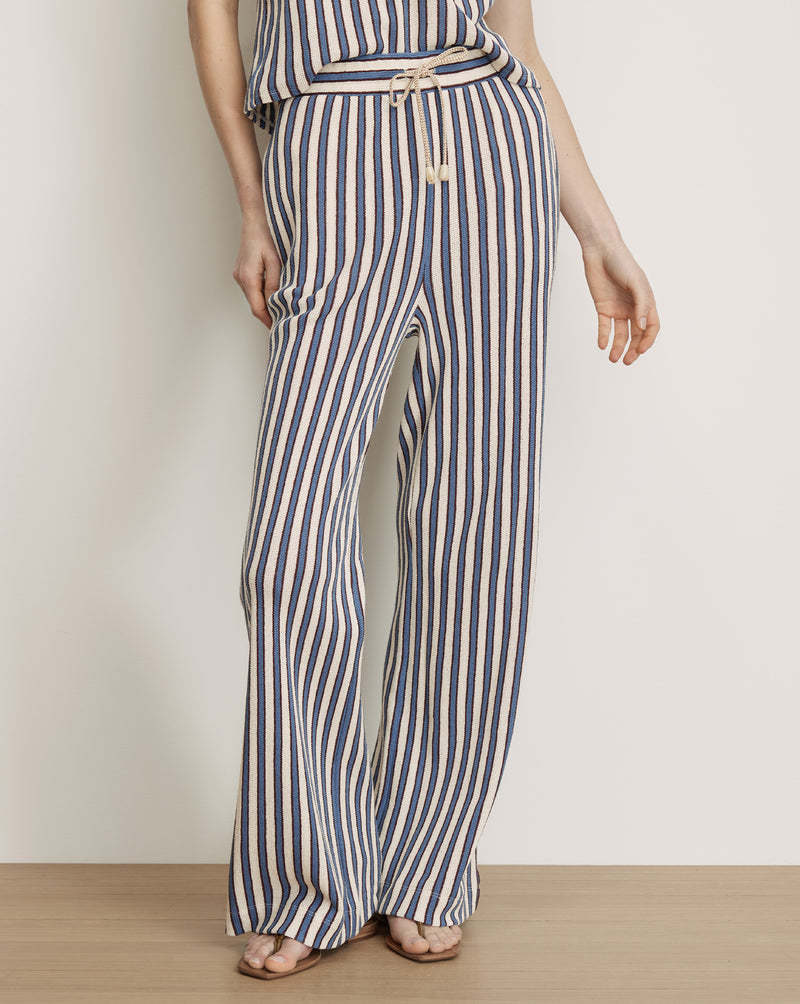 Veronica Beard Striped blue and white wide-leg pants with drawstring.