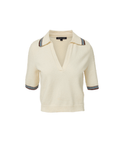 Veronica Beard Cream knit sweater with striped collar and cuffs.