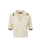 Veronica Beard Cream knit sweater with striped collar and cuffs.