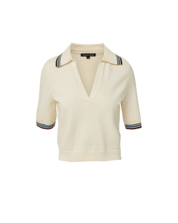 Veronica Beard Cream knit sweater with striped collar and cuffs.