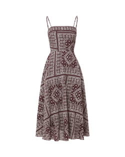 Veronica Beard Maroon and white patterned midi dress with spaghetti straps.