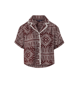 Veronica Beard Maroon bandana print short-sleeve top with white trim.