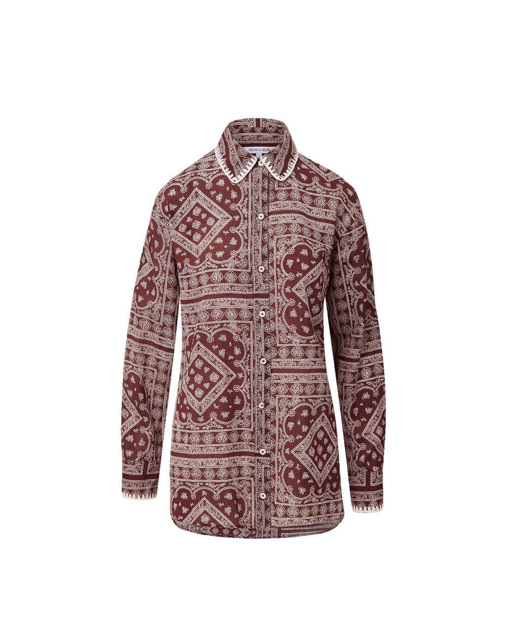 Veronica Beard Red paisley button-down shirt with white collar trim.