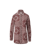 Veronica Beard Red paisley button-down shirt with white collar trim.