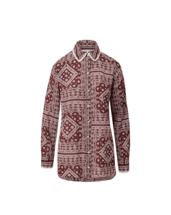Veronica Beard Red paisley button-down shirt with white collar trim.