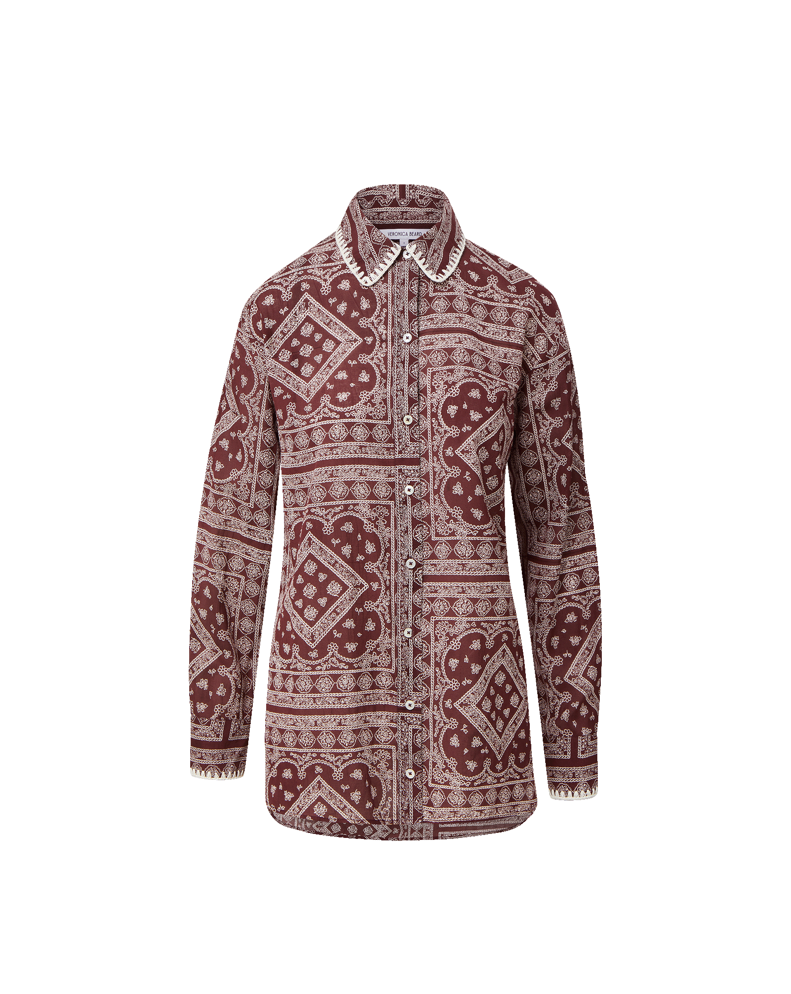 Veronica Beard Red paisley button-down shirt with white collar trim.