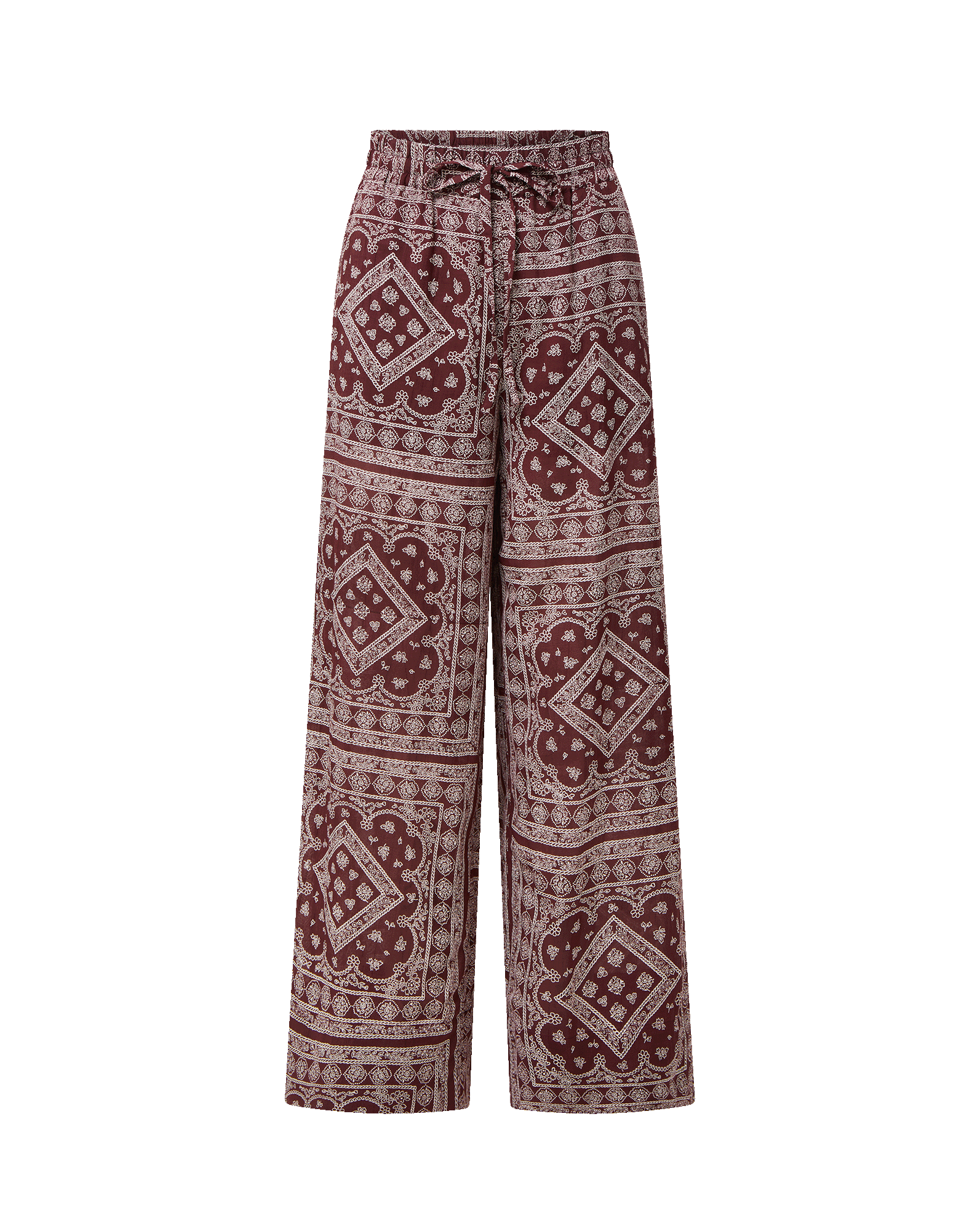 Veronica Beard Red paisley wide-leg pants with drawstring waist.