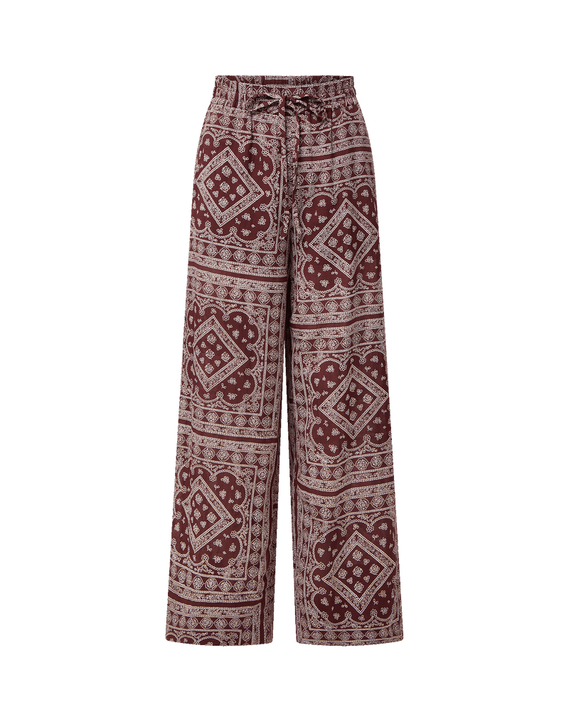 Veronica Beard Red paisley wide-leg pants with drawstring waist.