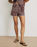 Veronica Beard Maroon bandana print shorts with white trim.