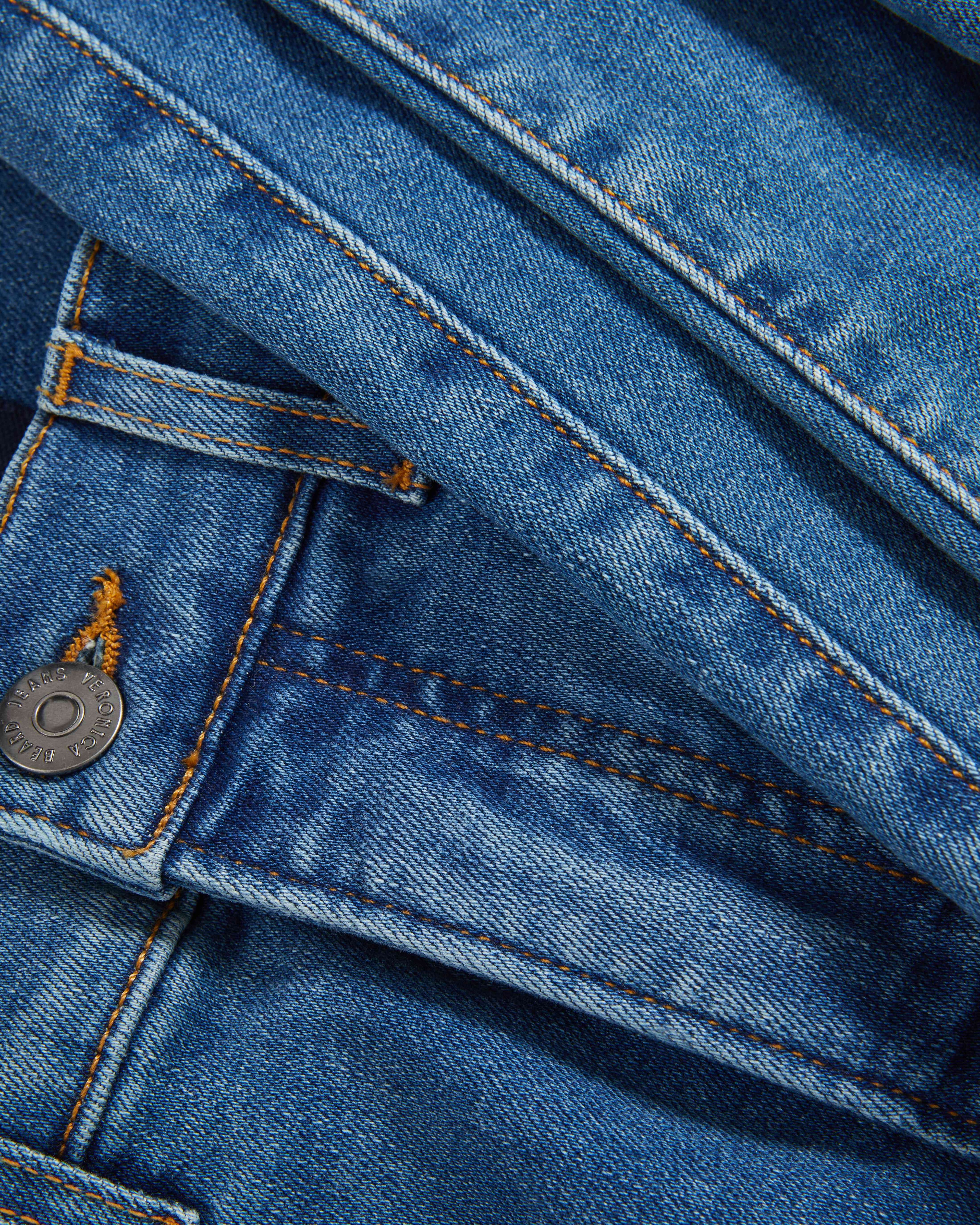 Veronica Beard Blue denim jeans with orange stitching and a metal button.