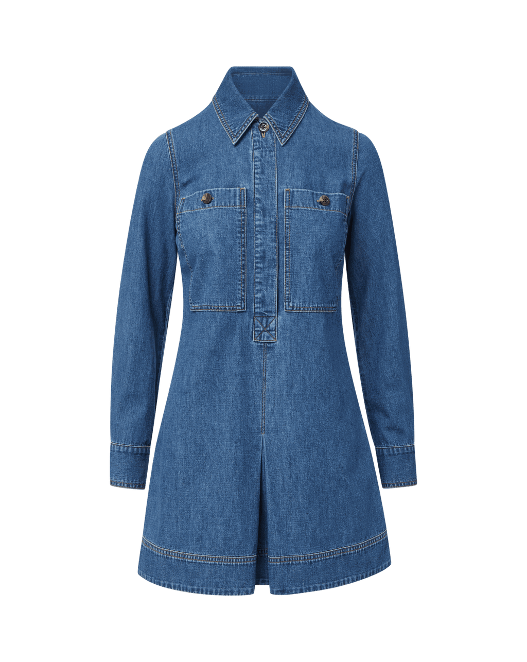 Veronica Beard Blue denim mini dress with long sleeves and front pockets.