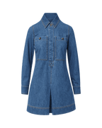 Veronica Beard Blue denim mini dress with long sleeves and front pockets.