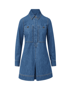 Veronica Beard Blue denim mini dress with long sleeves and front pockets.