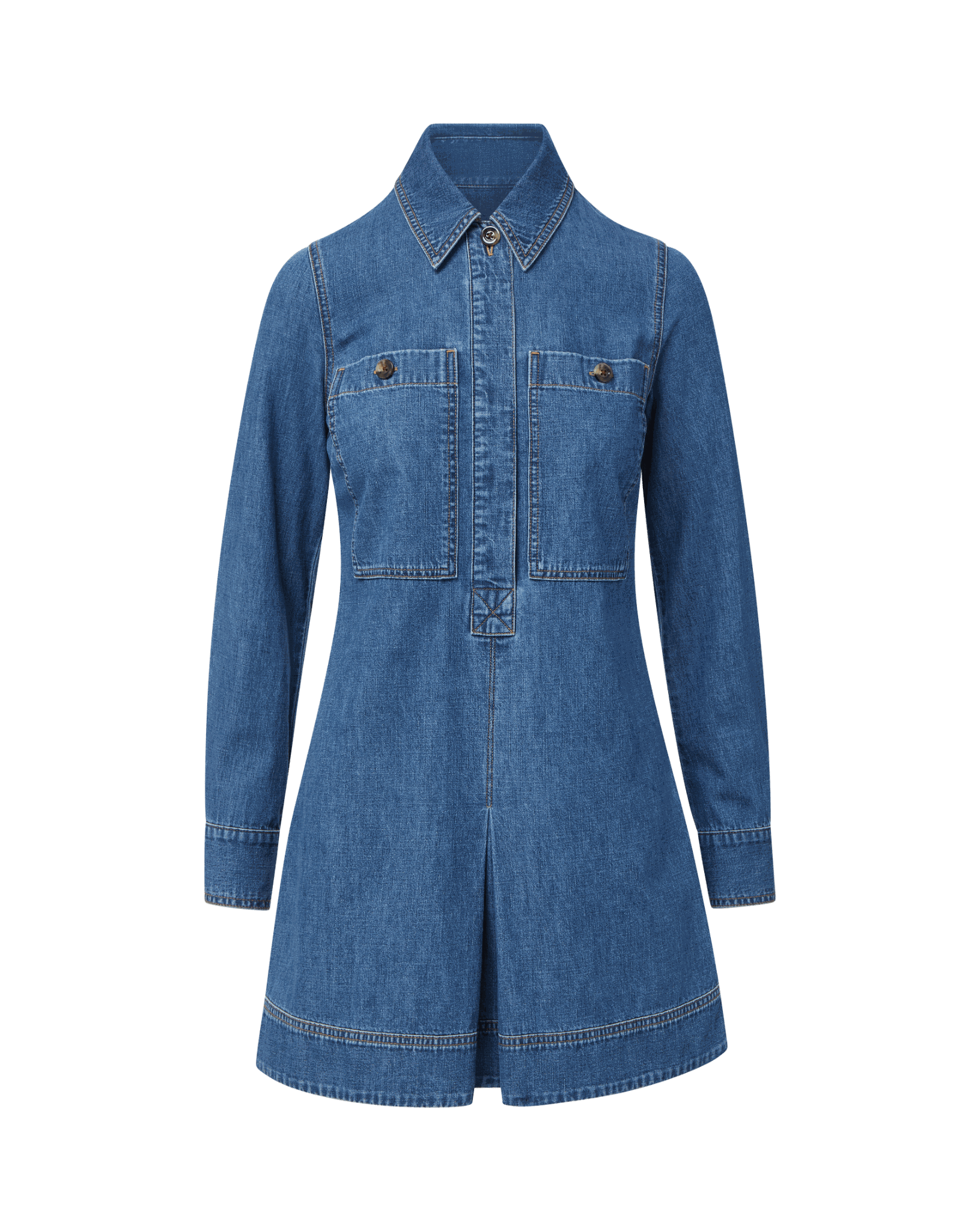 Veronica Beard Blue denim mini dress with long sleeves and front pockets.