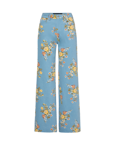 Veronica Beard Blue floral denim jacket and matching flared jeans.
