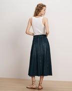 Veronica Beard White ribbed tank top, dark wash denim midi skirt